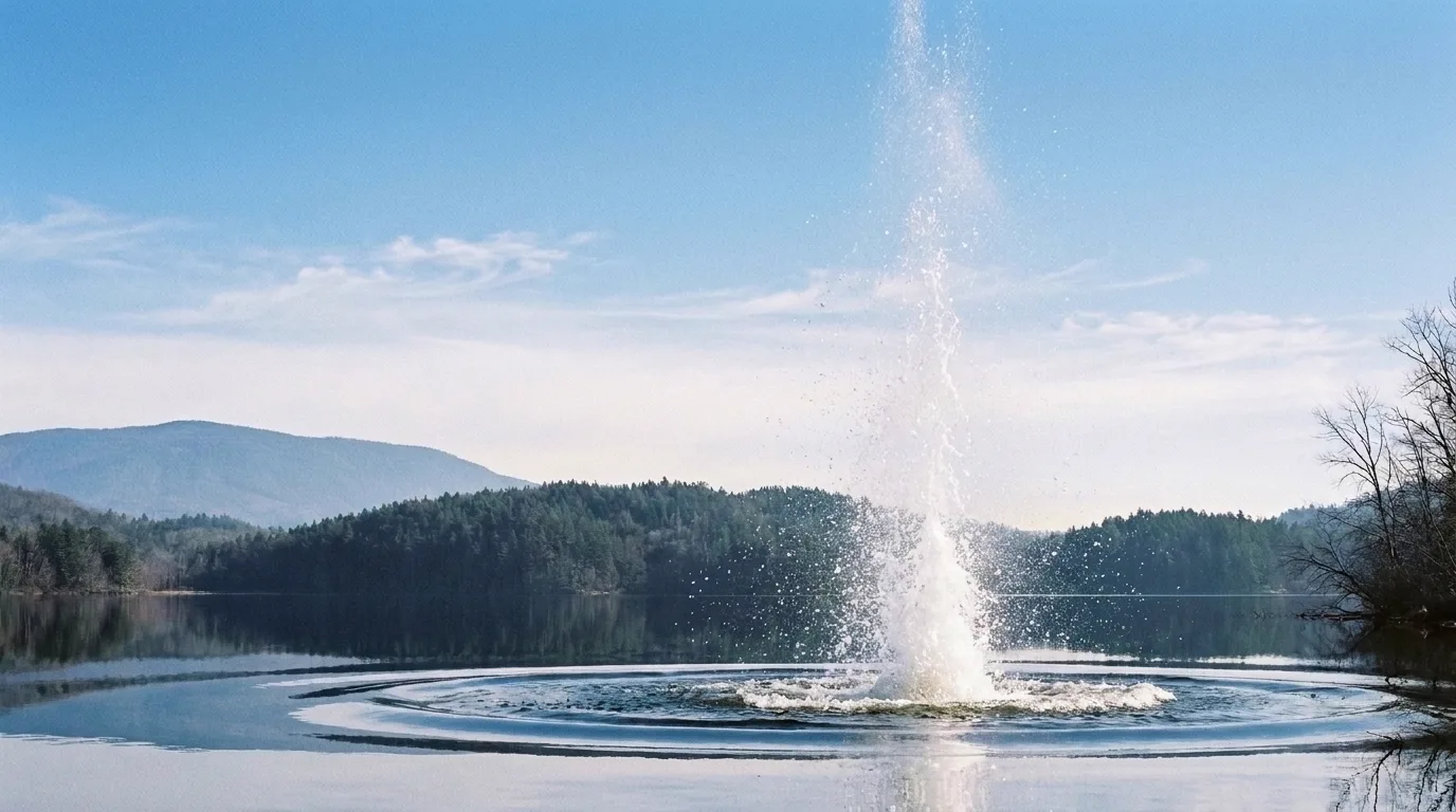 A white column of water erupting from a mirrored lake surface, spray blowing outward, treeline reflection distorting in rings.