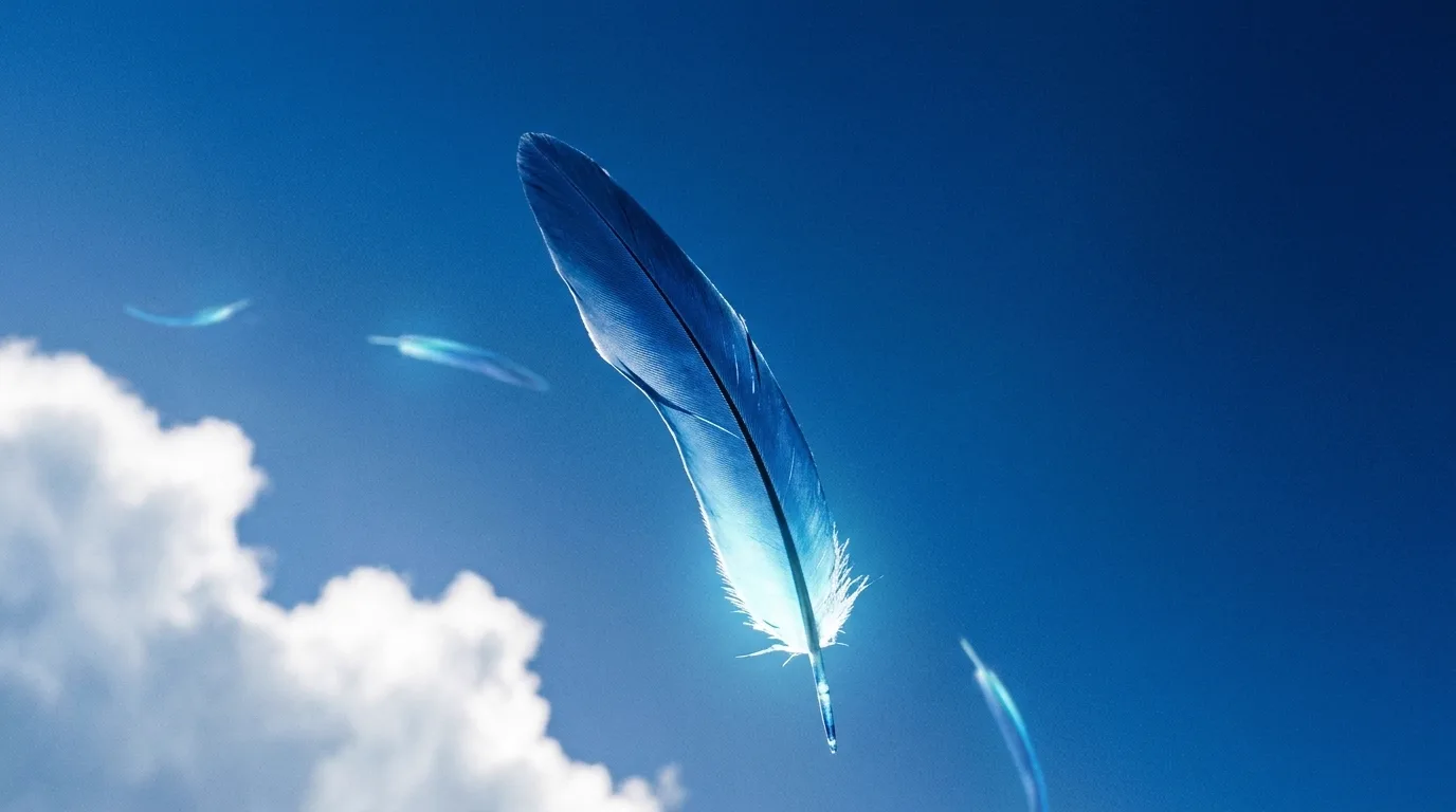 A single blue feather turning as it falls through pale cloud, light passing through the vane.