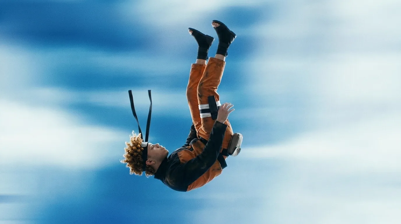 The same man upside down, limbs completely loose and trailing, cloud tearing past horizontally.