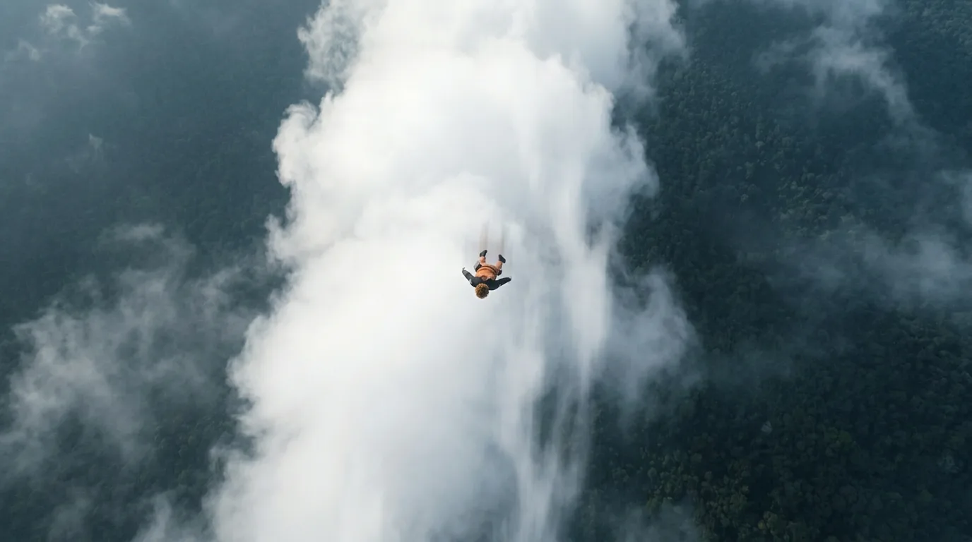 Seen from high above, a tiny figure falling away through a boiling cloud, forest far below.