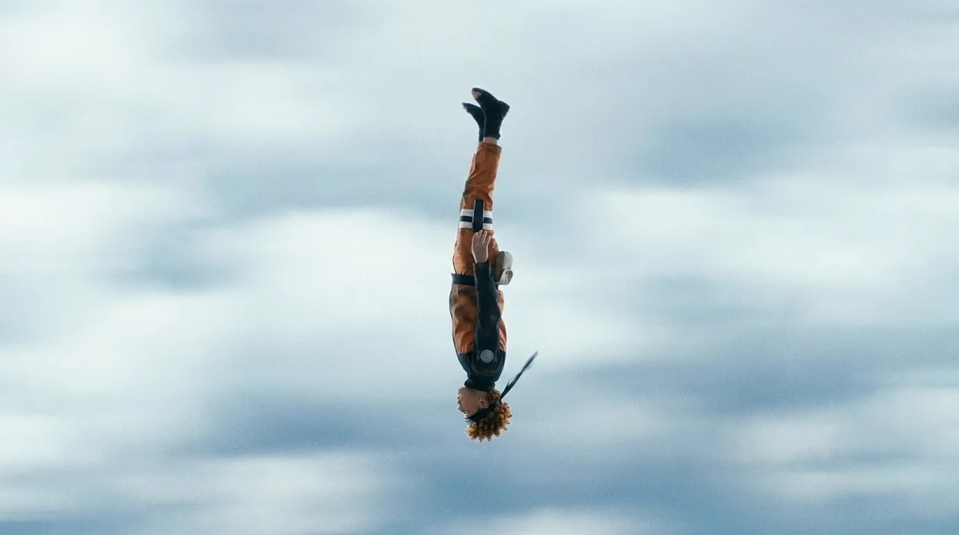 A rigid arrow shaped body falling head down through streaming banded cloud.