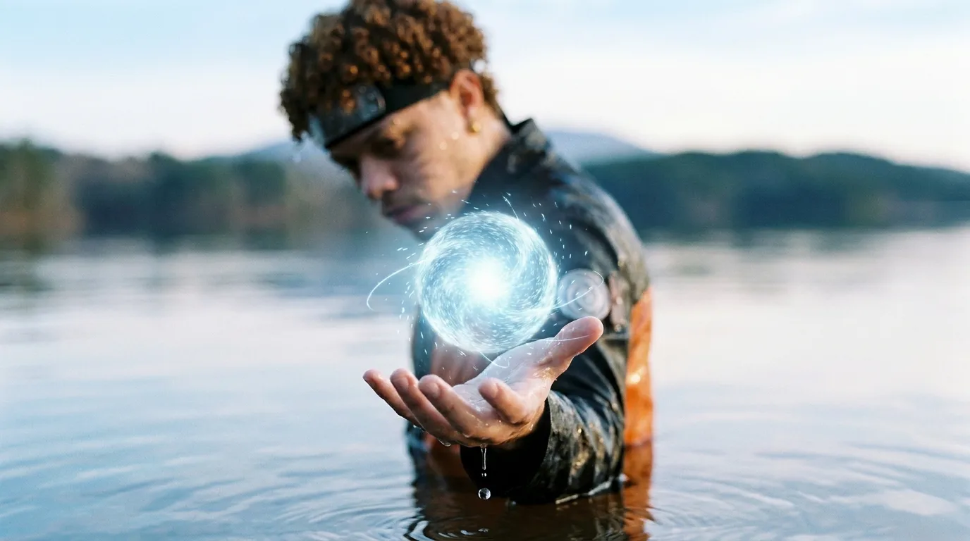 A tight sphere of cold blue light spinning above an open hand, throwing light on the chest and jaw.