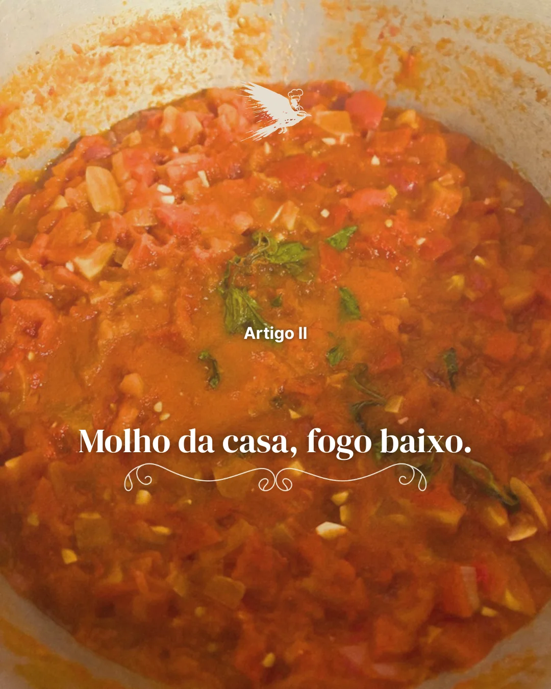 Photograph of a pan of tomato sauce, captioned in Portuguese, house sauce, low flame.