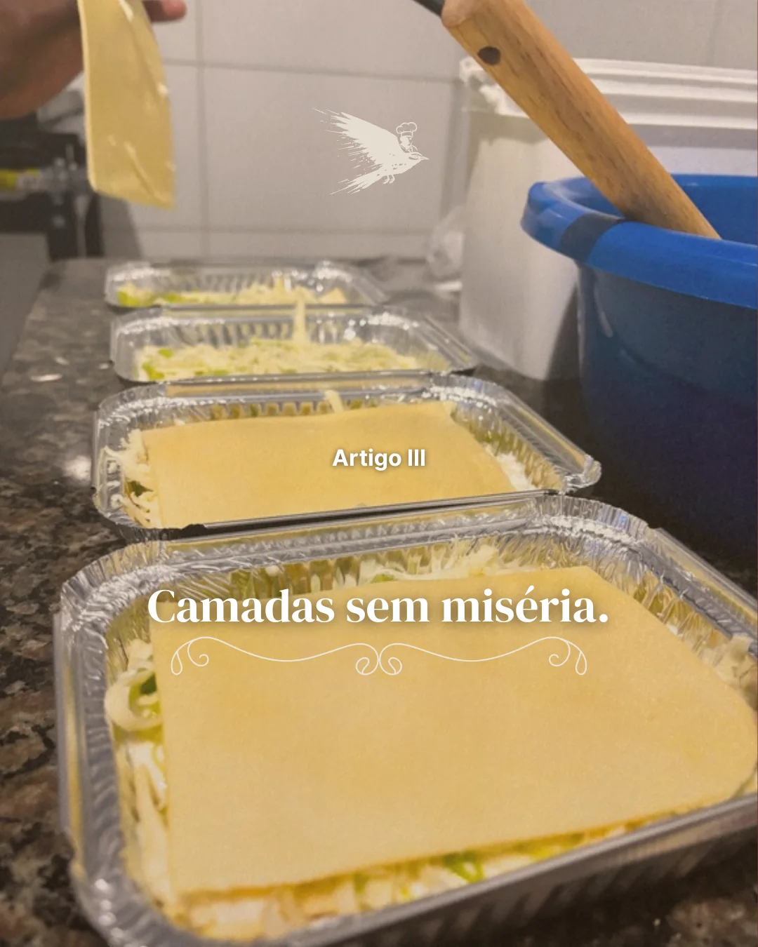Photograph of lasagna being layered in a tray, captioned in Portuguese, layers without meanness.