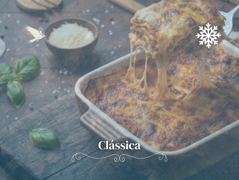 The same lasagna photograph graded cold and hazed with frost, marked with a snowflake.