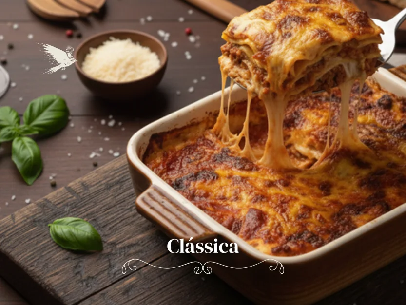 Warm, saturated photograph of a classic lasagna with cheese pulling away on a serving spoon.