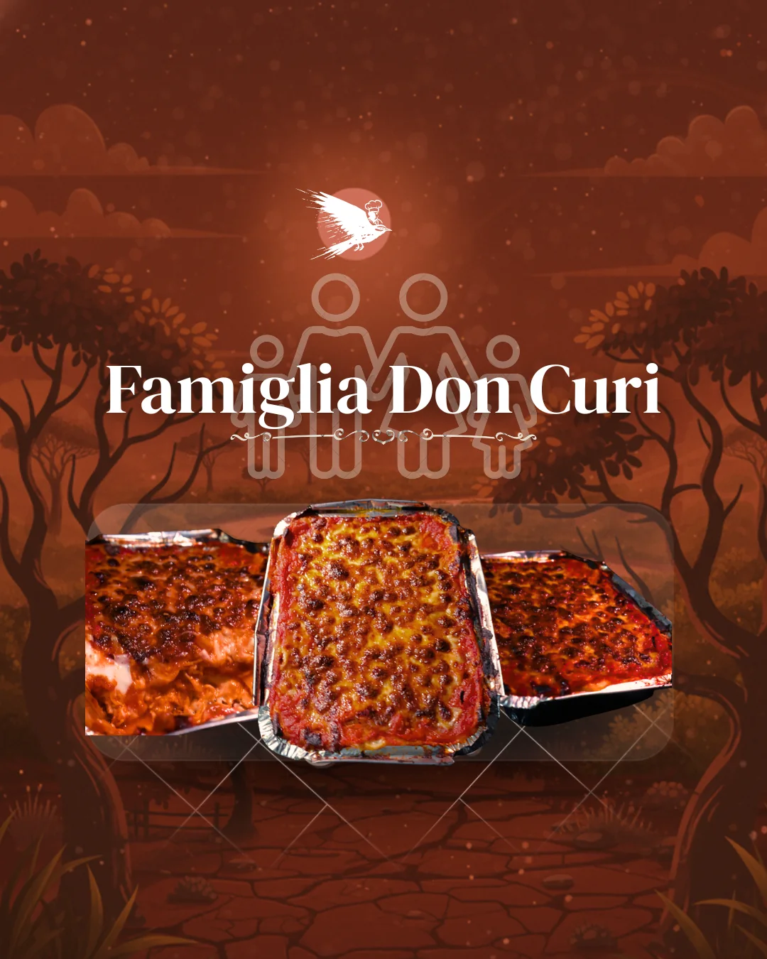 Product card for Famiglia Don Curi, three trays over an illustrated rust landscape.