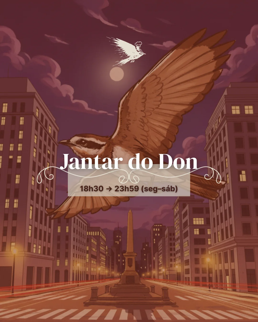 The same illustrated city in violet dusk, labelled Jantar do Don with service hours.