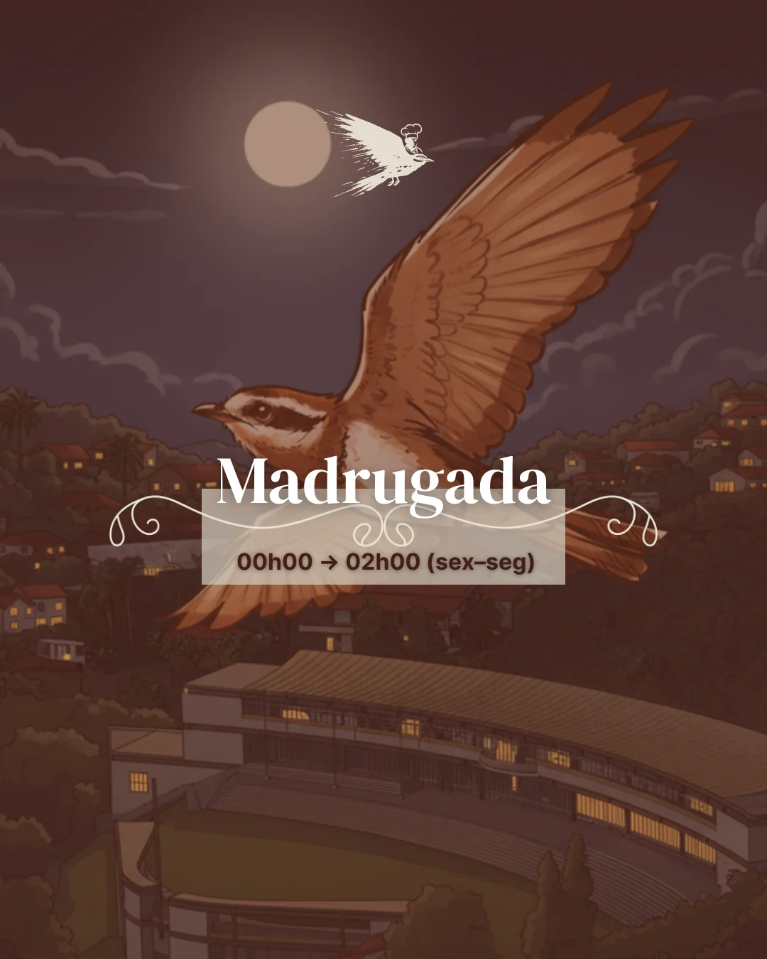 The same illustrated city at night under a pale moon, labelled Madrugada with weekend hours.