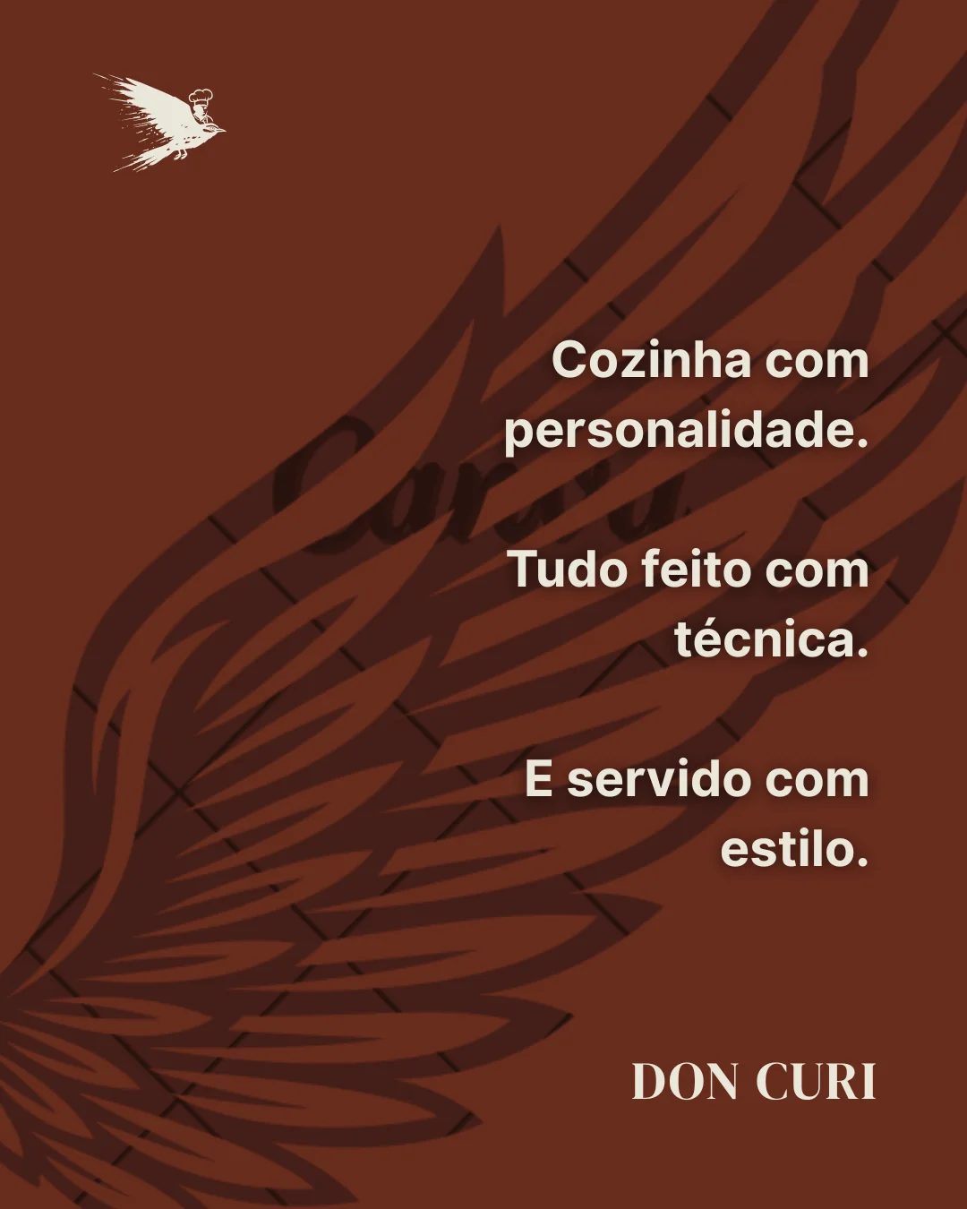 Card with Portuguese text reading kitchen with personality, all done with technique, served with style.