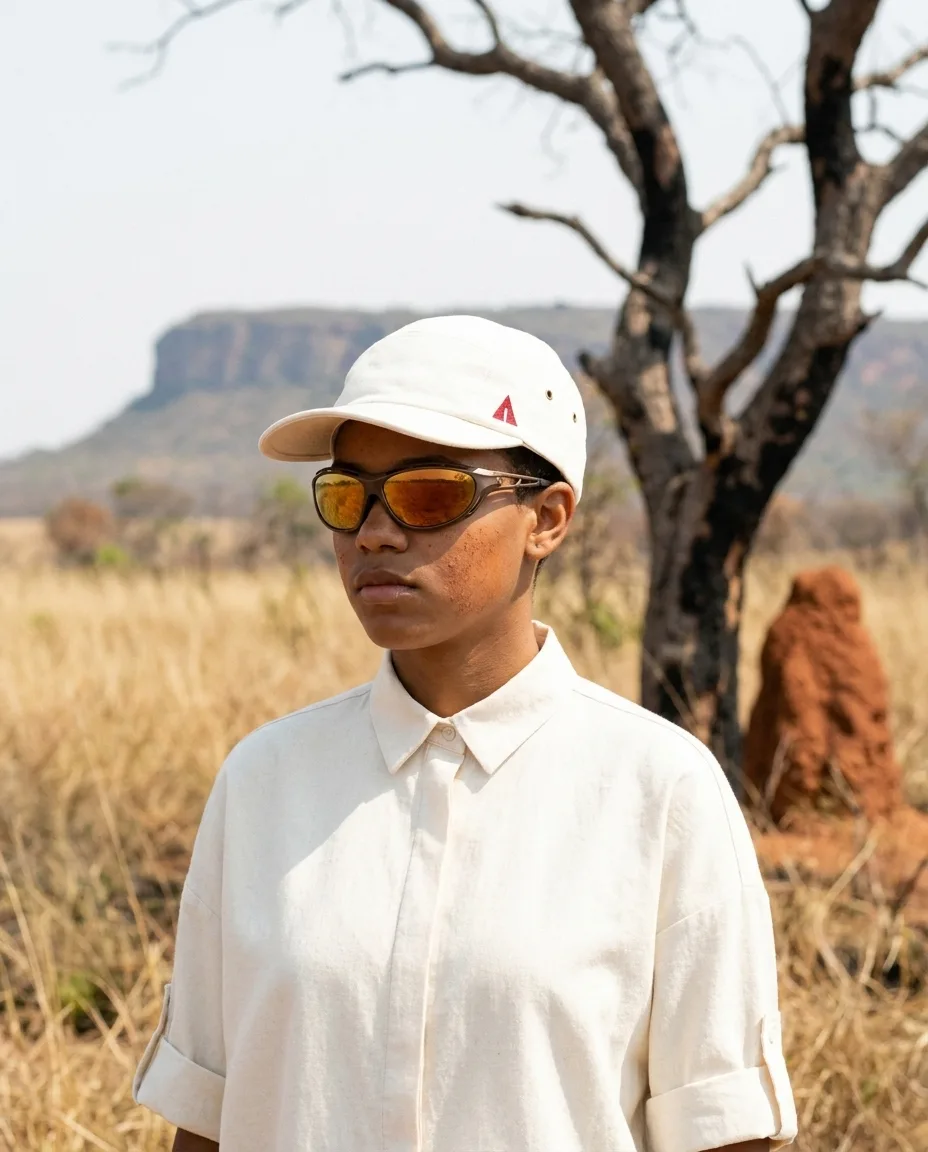 Portrait of a model in a pale cap and amber mirrored wraparound lenses, the cerrado reflected in the glass, the only saturated colour a small red triangle stitched on the cap.