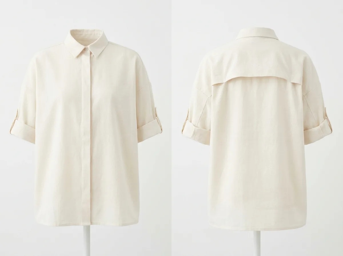 Product plate of the CAMISA CAL: an off-white boxy button shirt shown front and back, the back showing a suspended yoke panel standing away from the body.