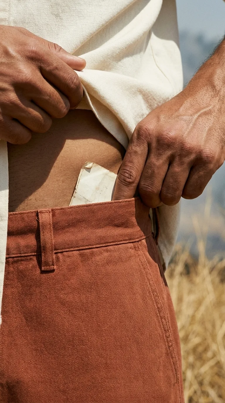 Frame of a hand reaching inside the waistband of the trousers, under the hem of an off-white shirt, where no seam is visible from outside.