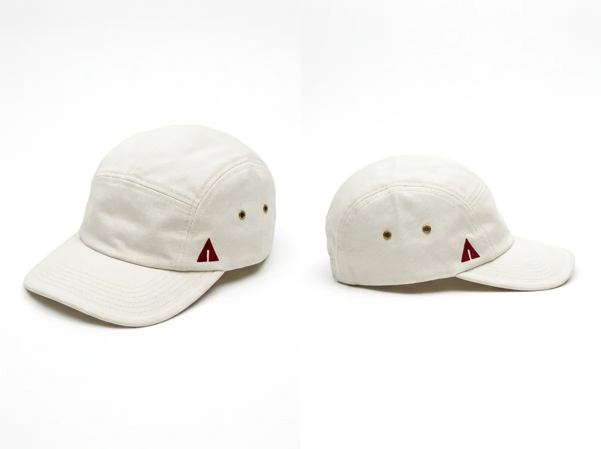 Product plate of the CHAPADA cap: a soft unstructured five-panel field cap in raw cotton, shown from two angles, with a small red triangle hand-embroidered low on the front panel.