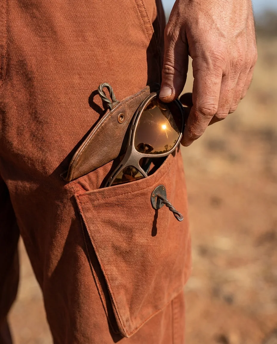 Macro frame of a hand drawing the amber-lensed glasses out of a rigid angled leather sheath on the thigh of oxide-coloured trousers, with a twisted iron catch on the flap.