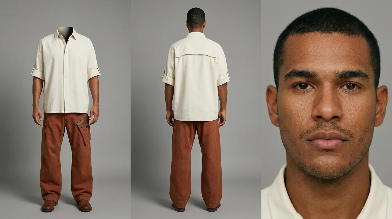 Body reference sheet: the off-white shirt and oxide trousers shown front with no head on the body, then from behind, against a grey backdrop.