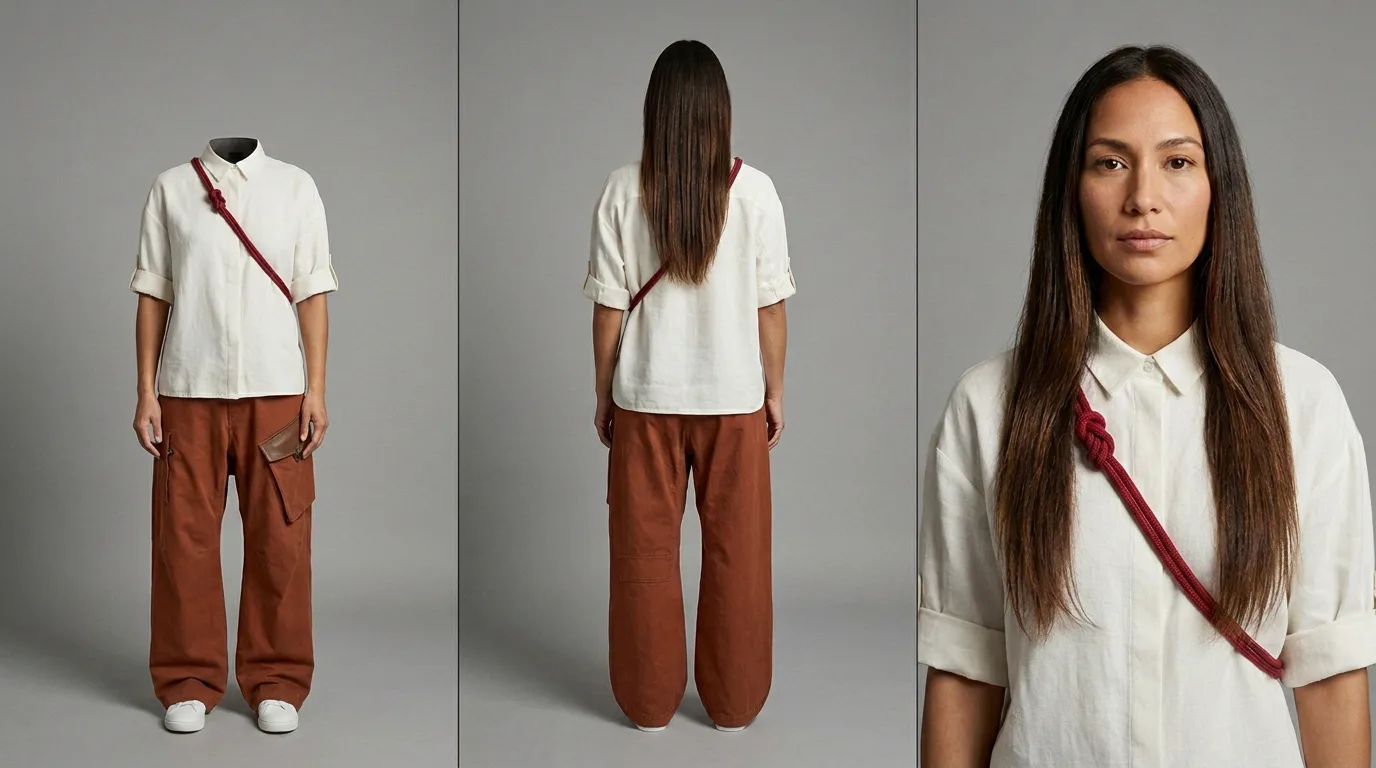 Body reference sheet: the same shirt and trousers with a red cord worn across the body, shown front with no head, then from behind.
