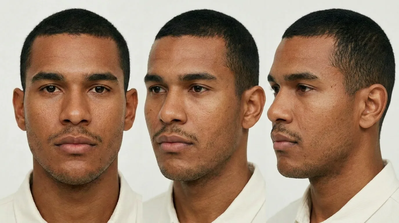 Face reference sheet: the same man at three angles, front, three quarter and near profile, cropped at the collar against a pale backdrop.