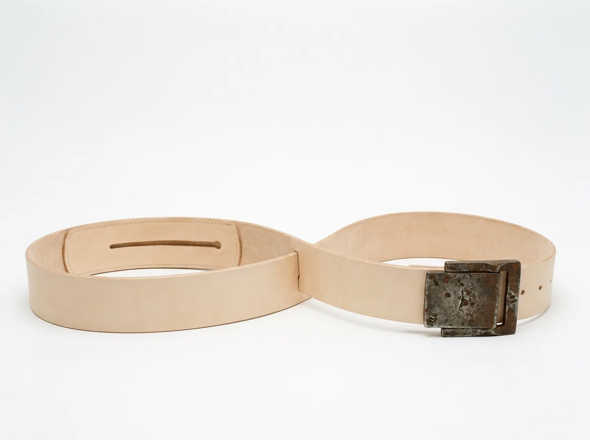 Product plate of the GUAIACA belt in pale dry leather, coiled, with a plain iron buckle.