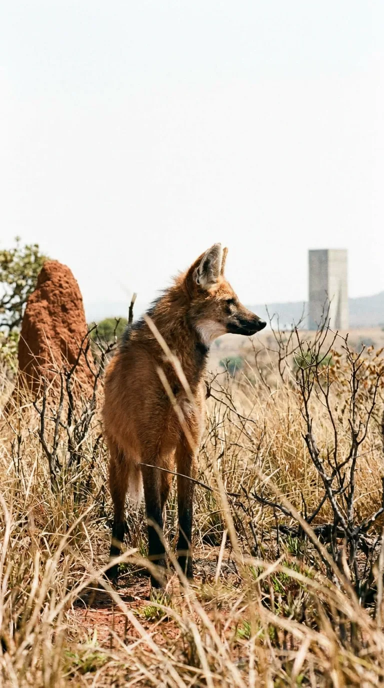 A maned wolf standing in dry cerrado grass, red-coated and long-legged, with termite mounds and a concrete monolith behind it.