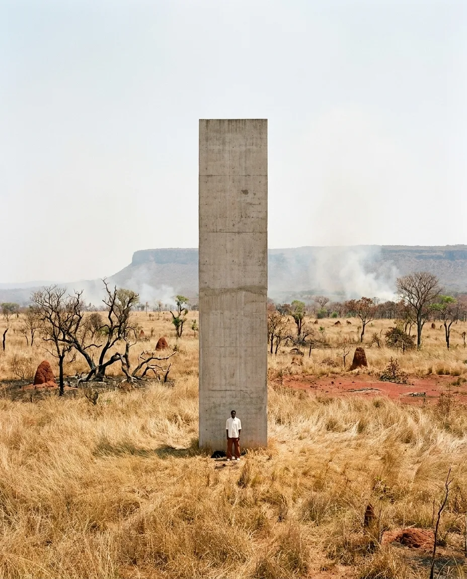 A lone figure standing at the base of a tall concrete monolith in pale scrubland, with smoke and a flat-topped range on the horizon.