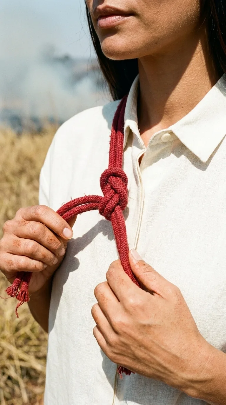 Close frame of a hand tying a red cord knot against an off-white shirt, the single saturated red in the image.