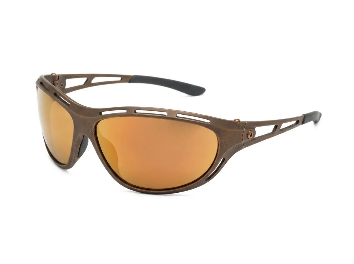 Product plate of the ÓCULOS SOCAVÃO: a conventional wraparound sunglass frame in bronze with amber mirrored lenses.