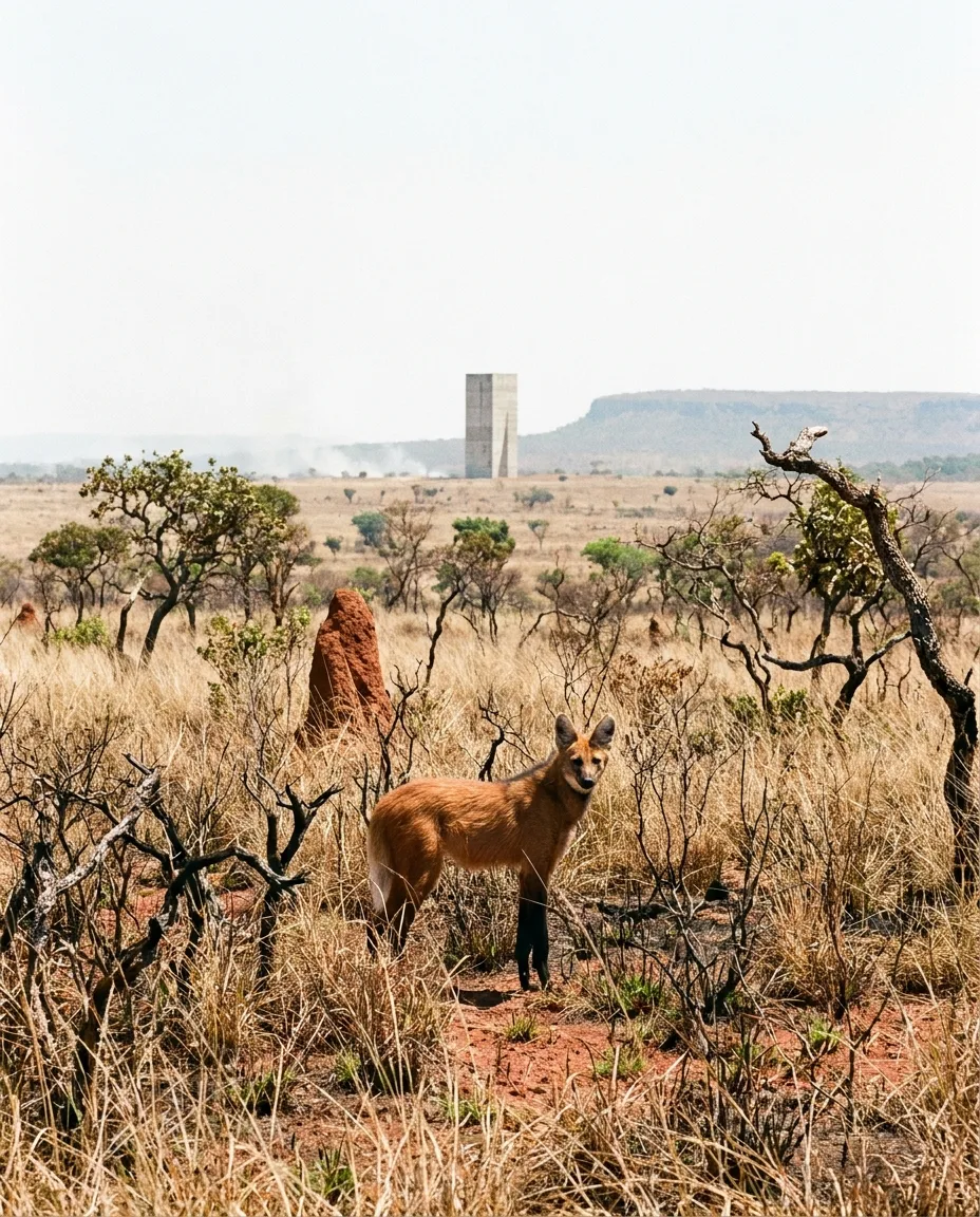 A maned wolf standing in the foreground of dry cerrado scrub, with two figures in off-white shirts and oxide trousers standing further back among burnt trees.