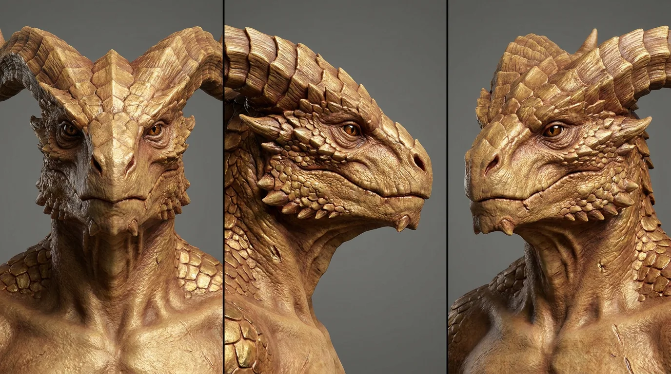 Dragonborn head in three views: front, profile and three quarter, with layered brass and bone scales and ribbed horns.