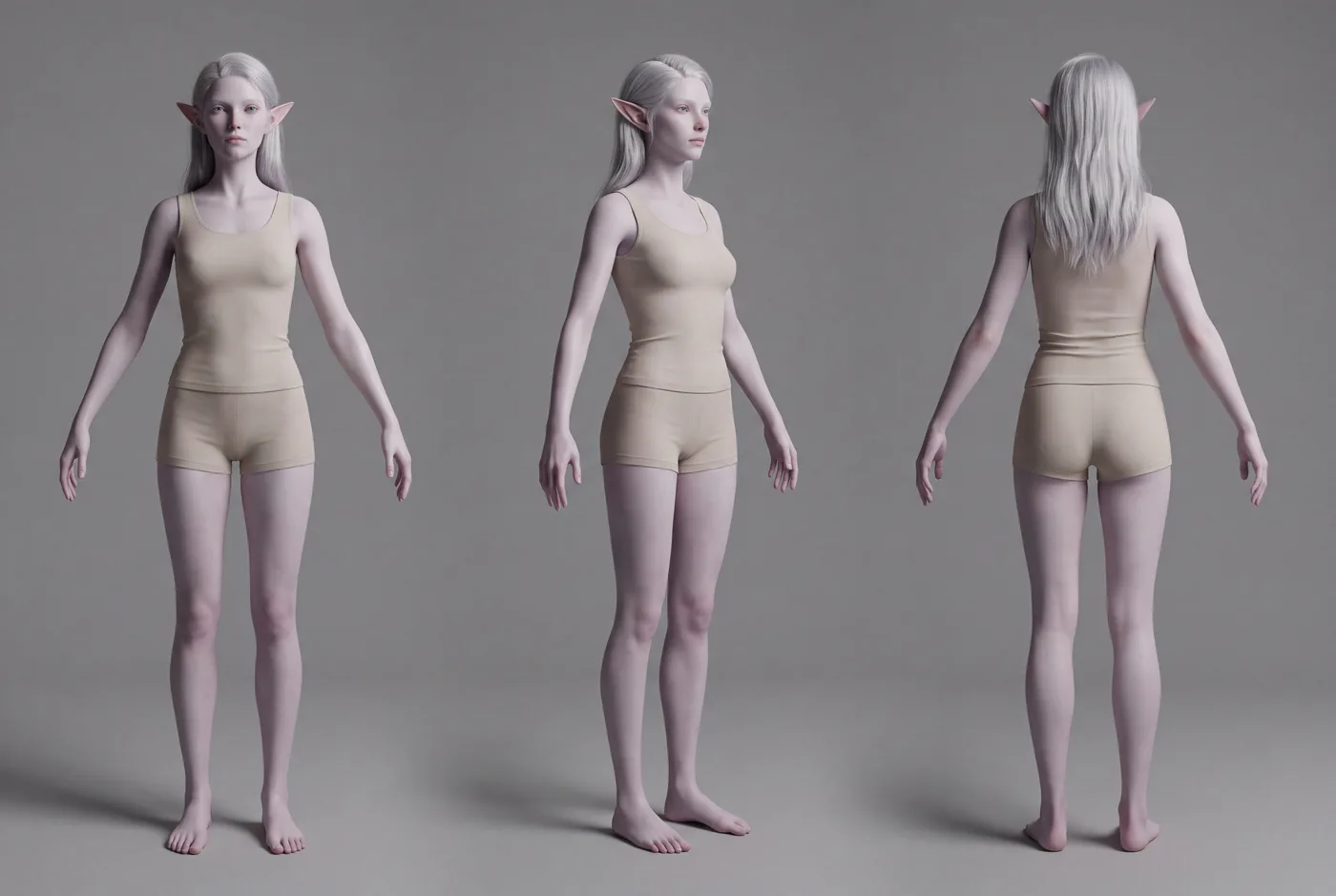 Elf body turnaround: front, three quarter and back views at a fixed camera height, in neutral fitted garments on grey.