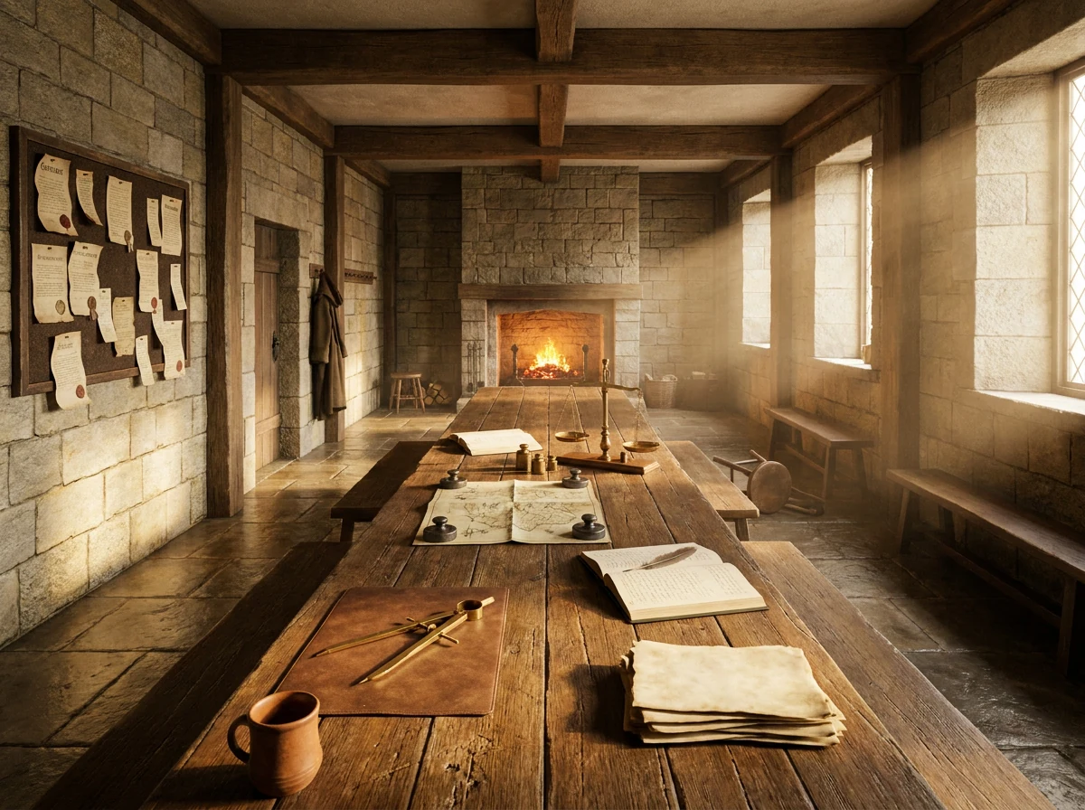 Interior of an empty guild hall at late afternoon: a long oak table carrying brass calipers, a balance scale with standard weights, a weighted map and an open ledger, with a pinned contract board on the left wall and light falling through tall windows.
