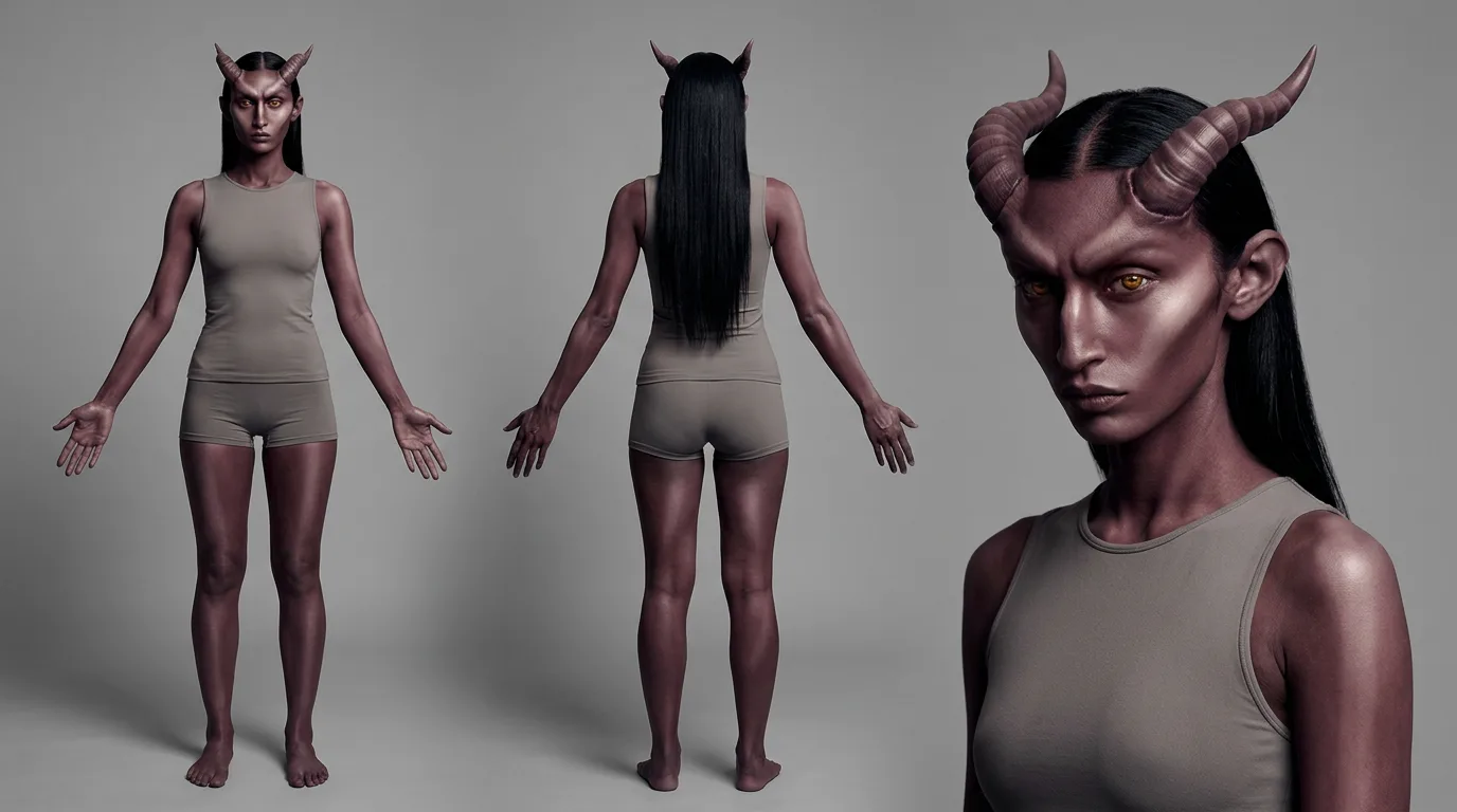 Tiefling sheet: front and back turnaround with horns and long black hair, plus a three quarter portrait with amber eyes.